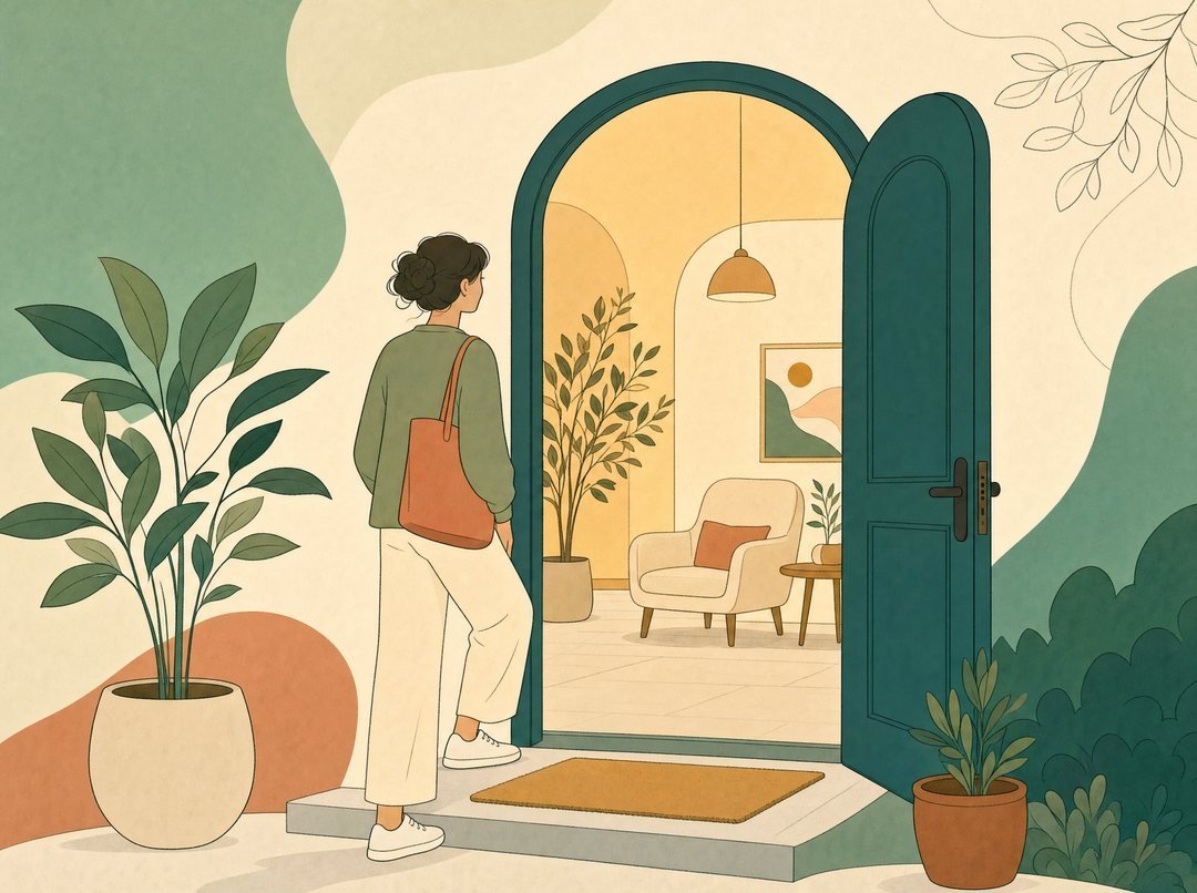 A person stepping toward a warmly lit open doorway, an inviting first step inside
