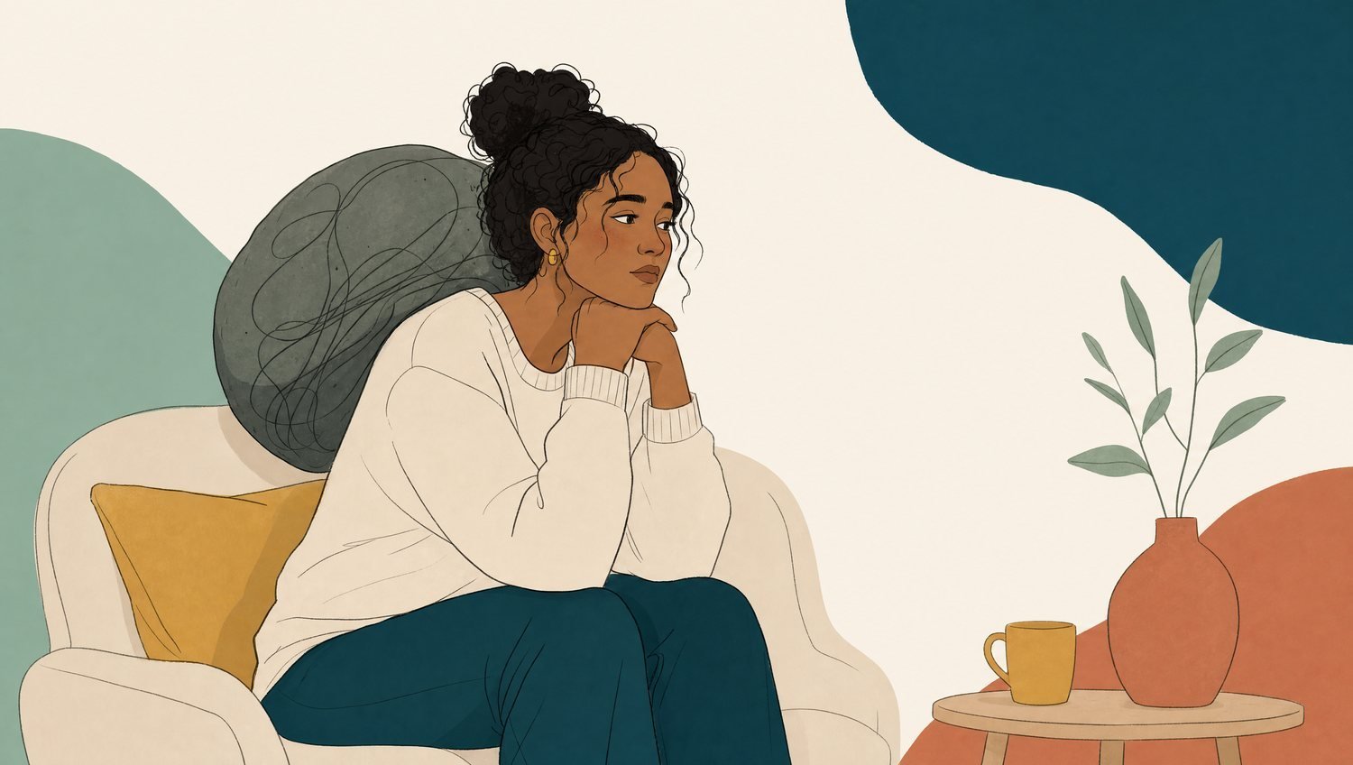 A person taking a quiet, reflective moment on a couch