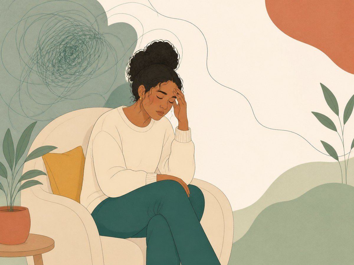 A person sitting with the weight of overwhelm as a tangled thought line opens into space.