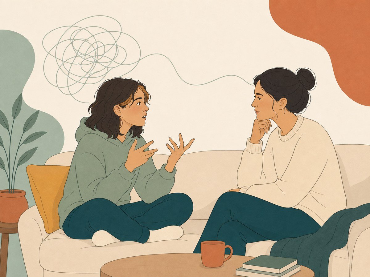 A teenager describing anxiety and overwhelm while a parent listens.