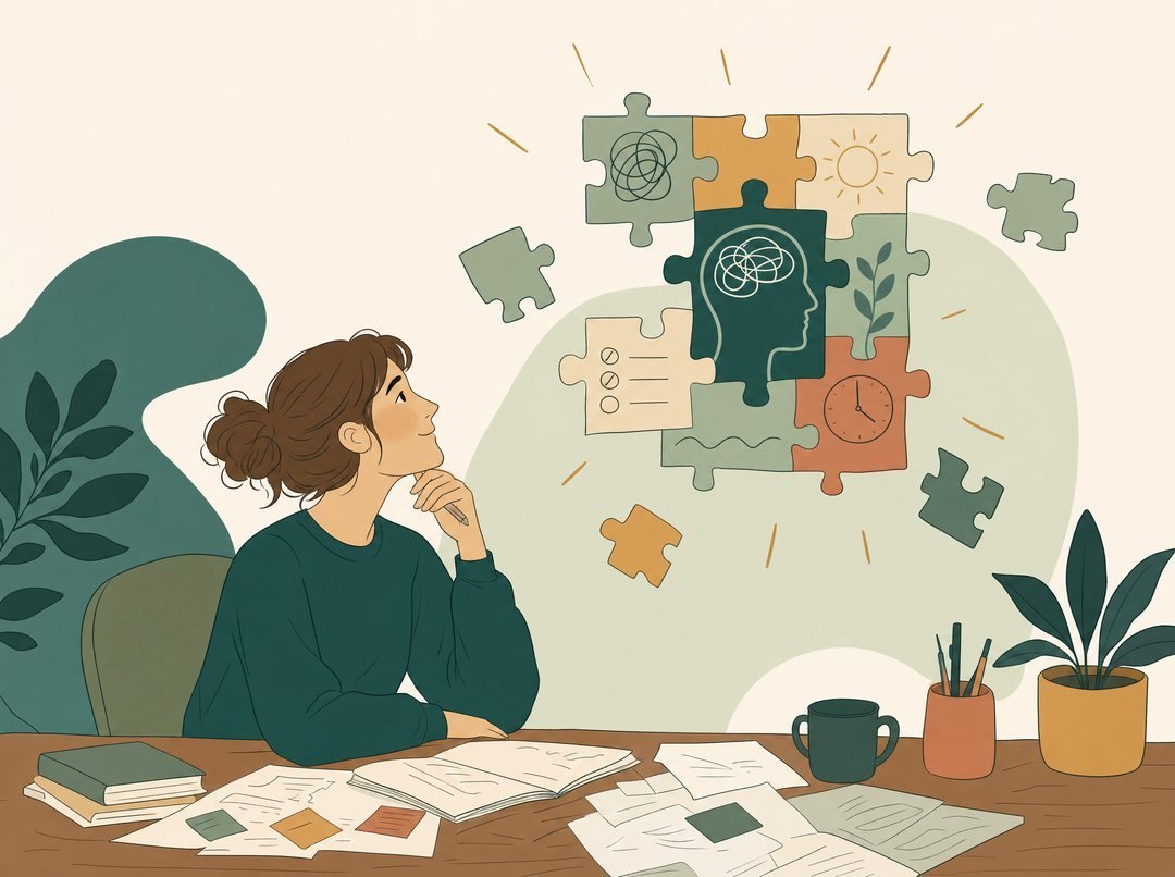 A figure surrounded by scattered thoughts and unfinished tasks