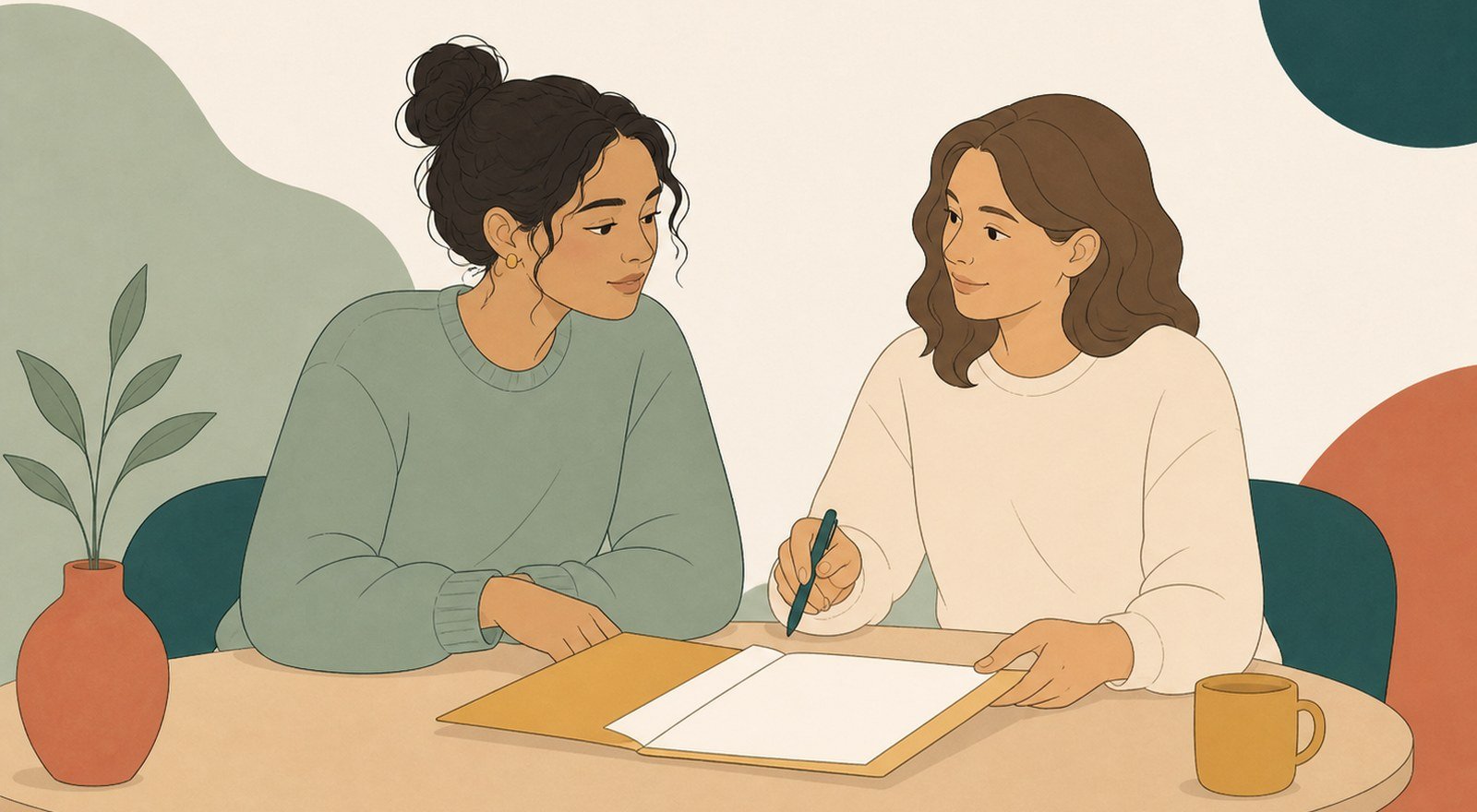 A participant and Support Coordinator reviewing a referral folder together